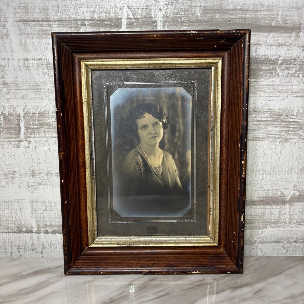 Vintage 1920s Woman Portrait Photo in Solid Wood Frame